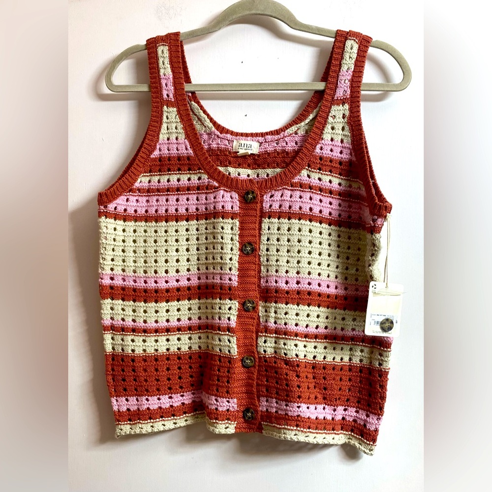A.N.A A New Approach Womens Brown Striped Sleeveless Cardigan Sweater L new.